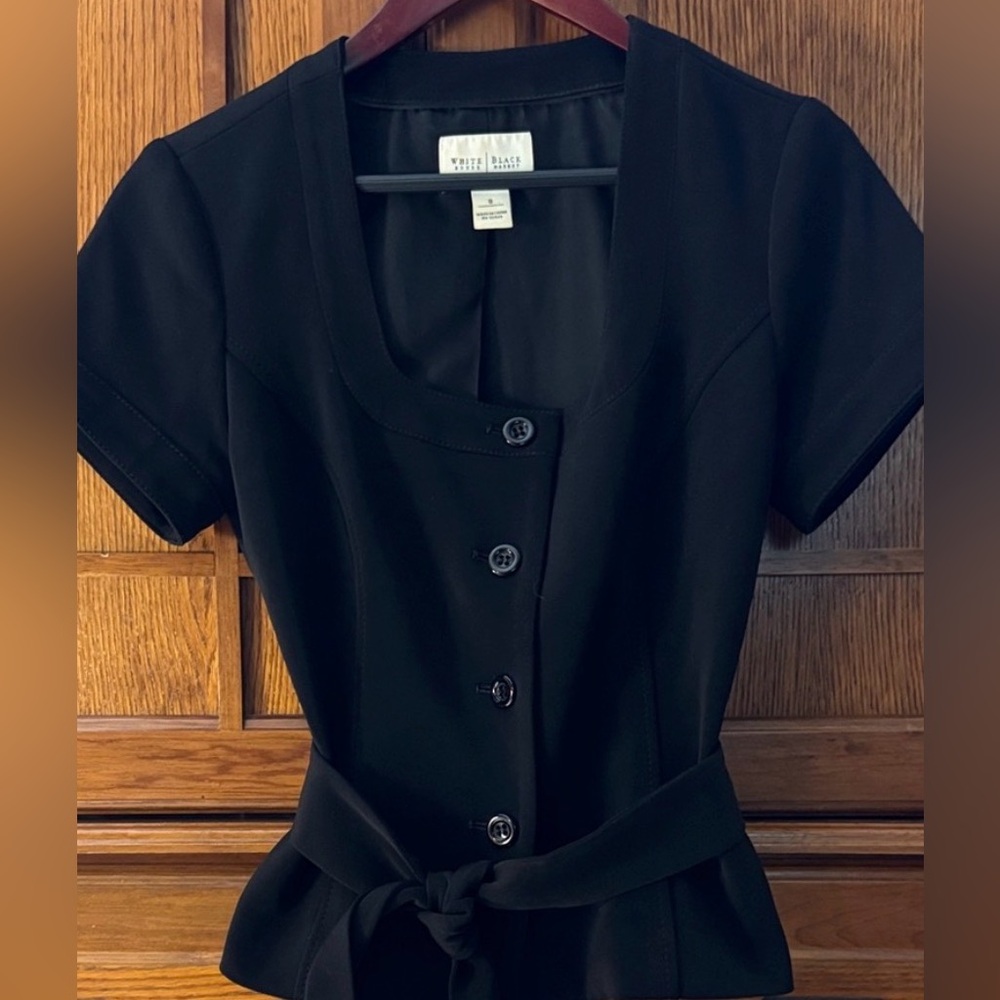 White House Black Market Black Short-Sleeve Button-Down Top with Tie Waist